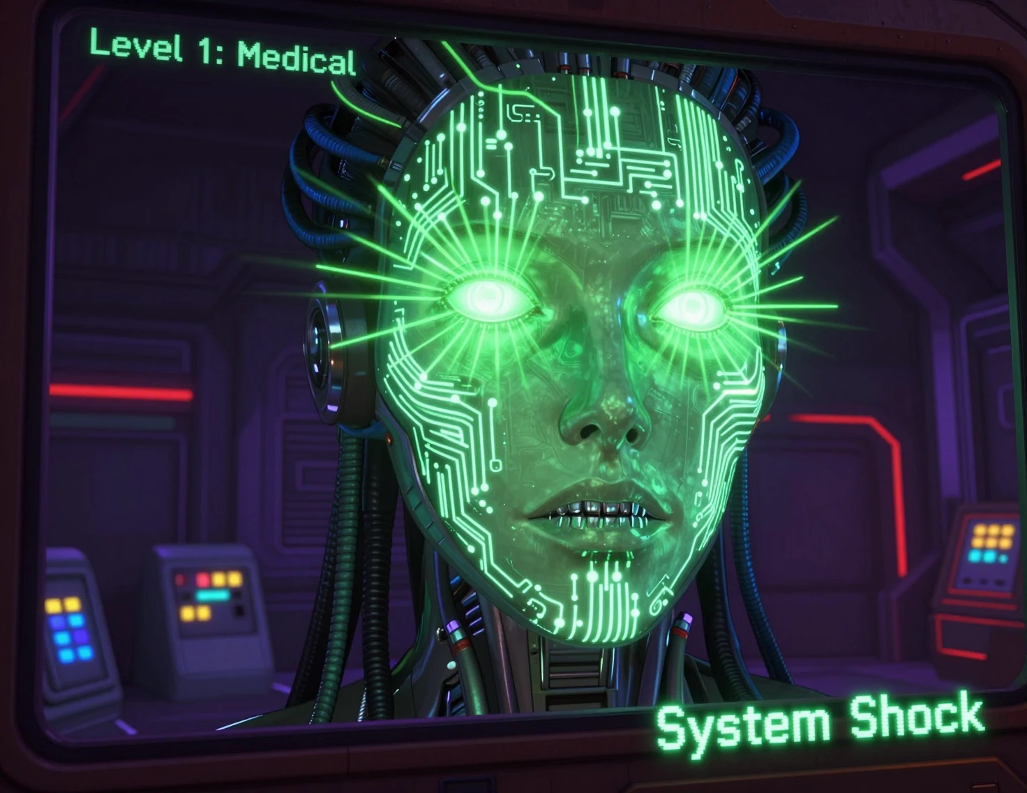 Futuristic cyborg face glows over a dark control room