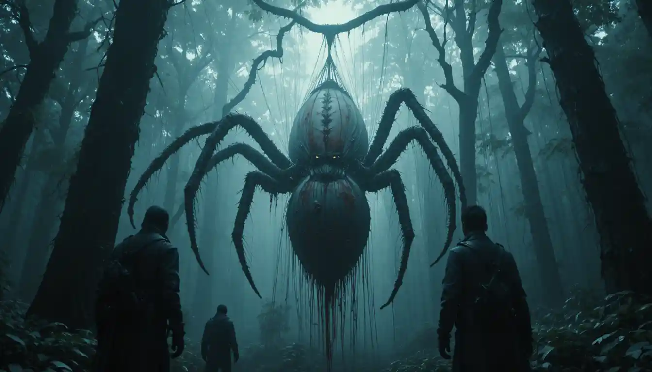 Figuras armadas diante de uma teia de aranha gigante na selva escura