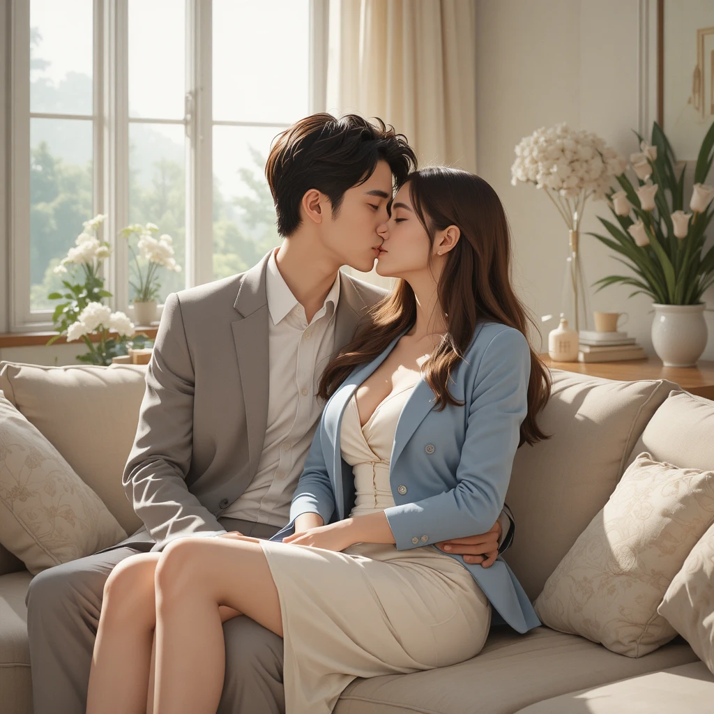 Romantic anime couple kissing on a sofa in sunlight