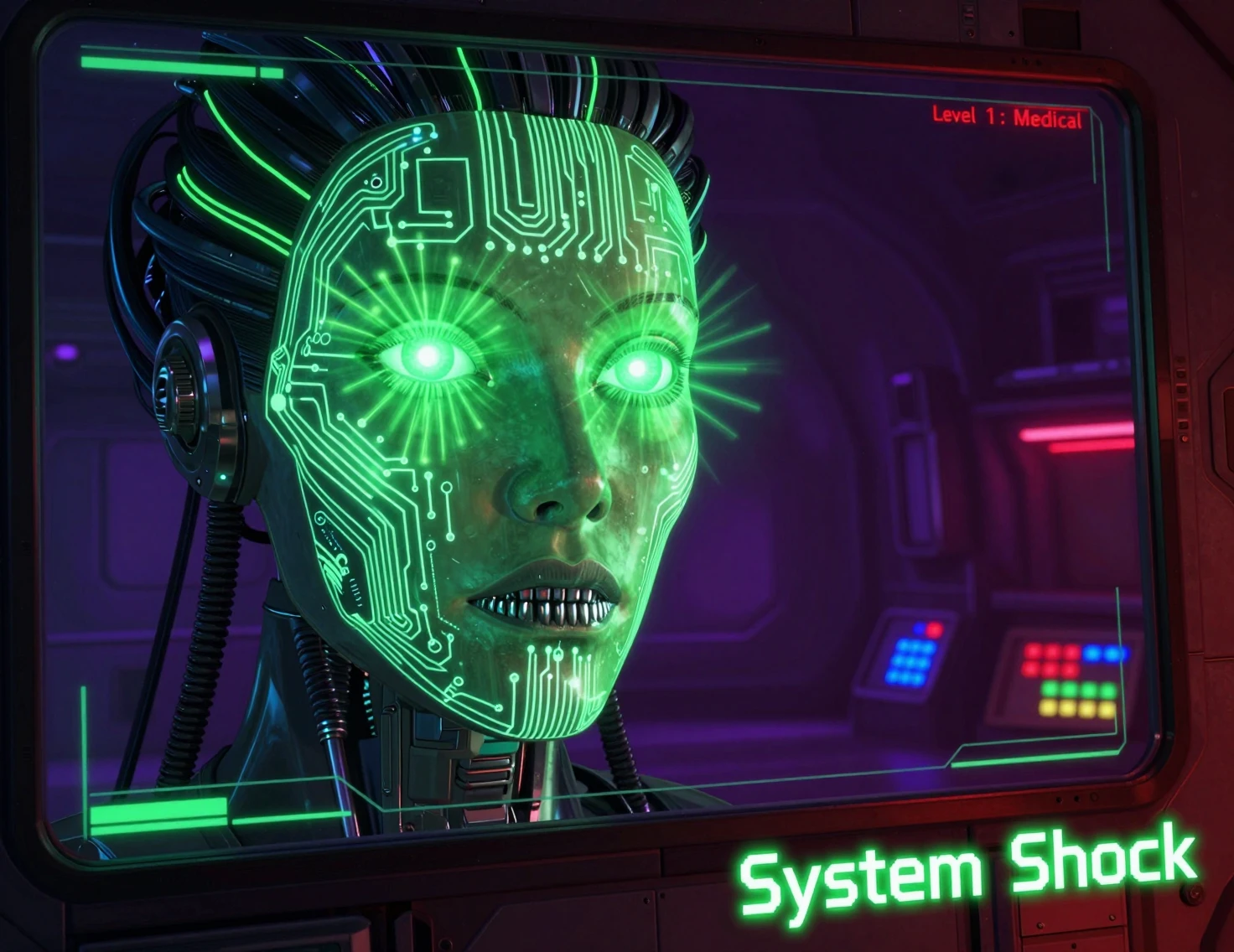 Futuristic cyborg interface in a dark space station room