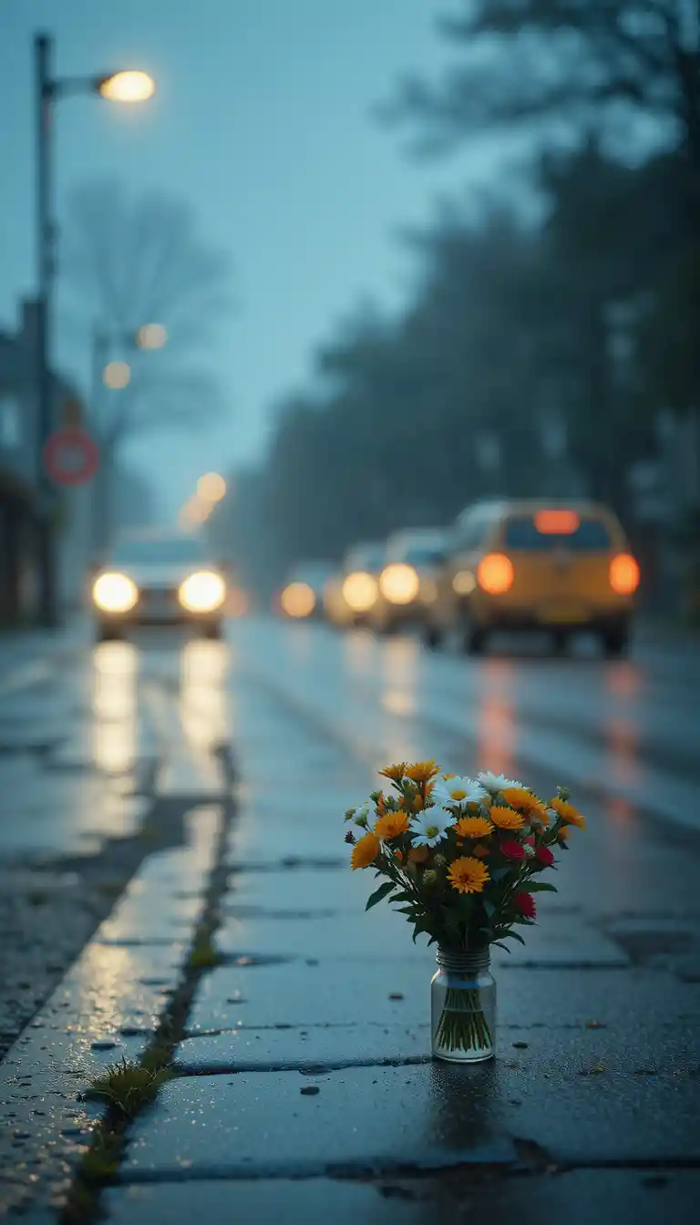 雨の夜、街灯の下の小さな花束