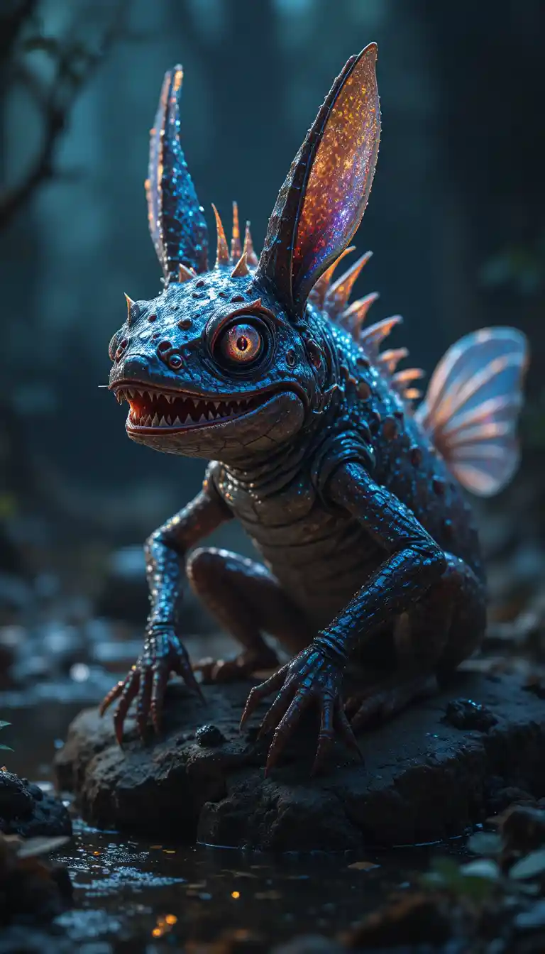 Predatory bunny eared alien fish resting on a swamp rock