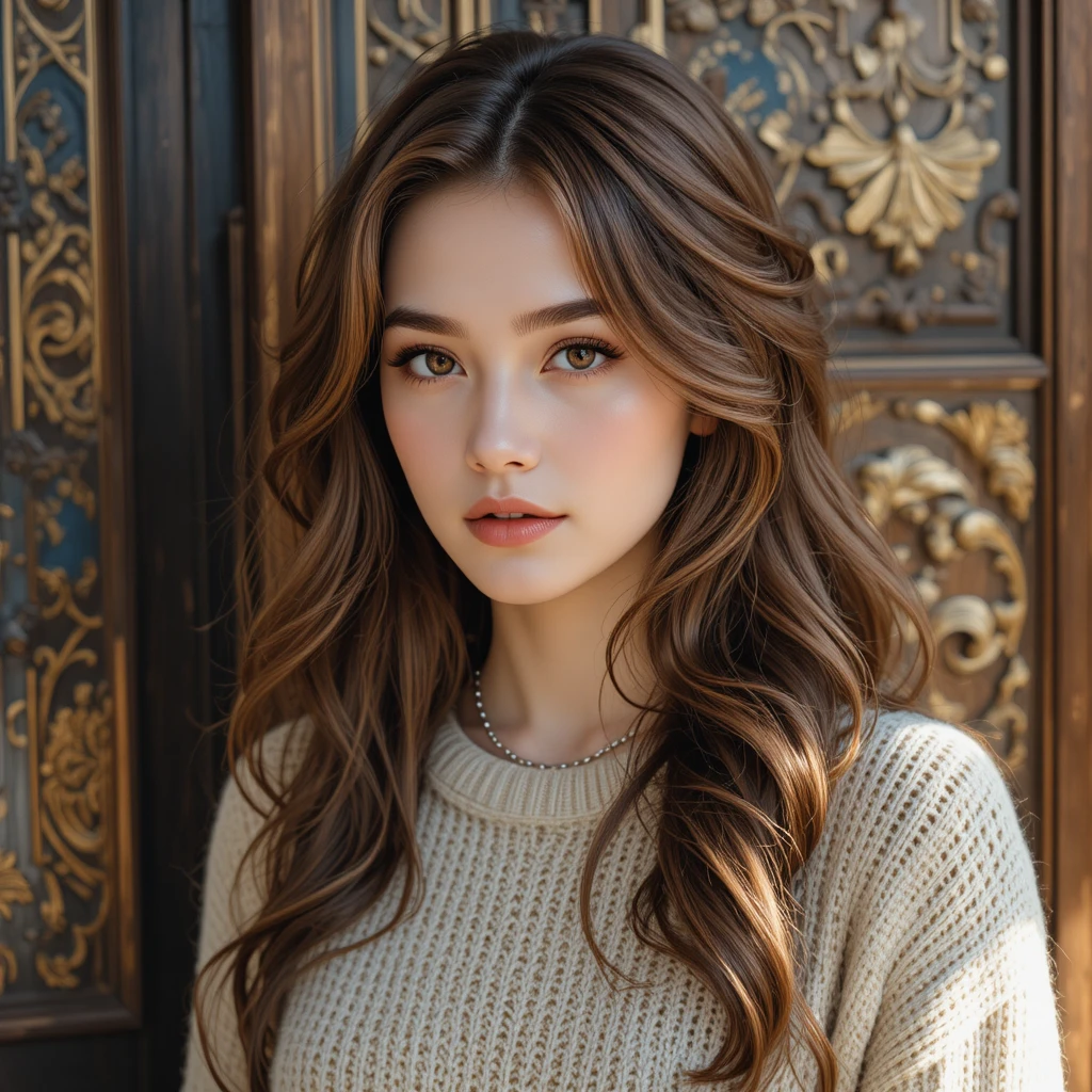 Calm young woman portrait by ornate antique wooden door