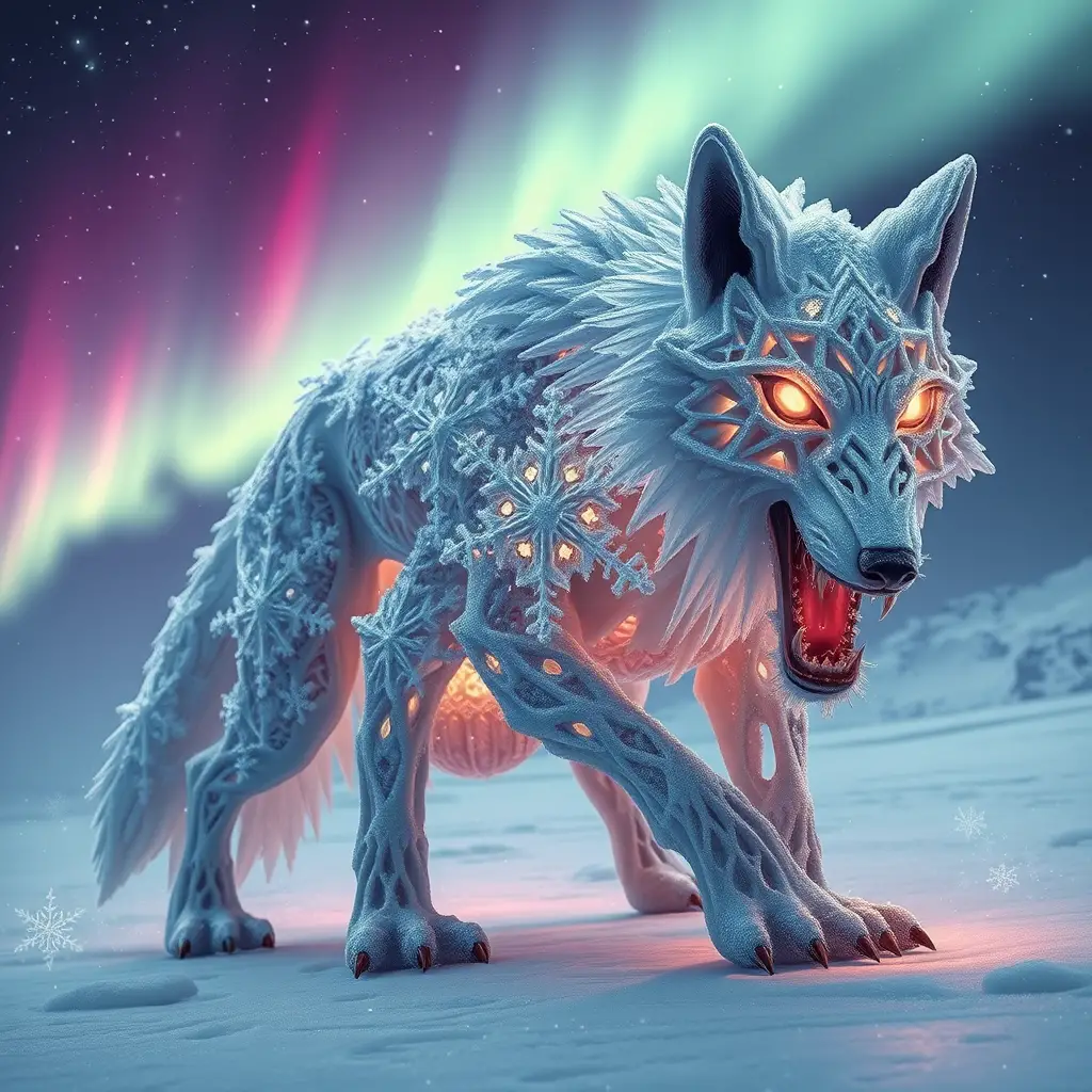Crystalline Snowflake Wolf Stalking A Frozen Bioluminescent Tundra