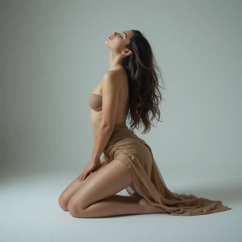 Kneeling woman in flowing fabric on white studio floor