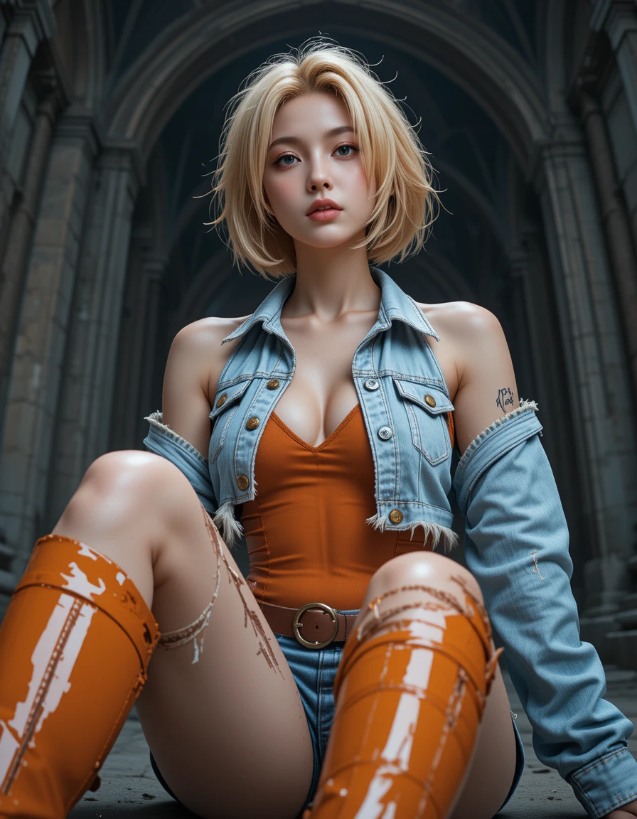 Blonde Anime-Kriegerin in Ruinen aus der Froschperspektive