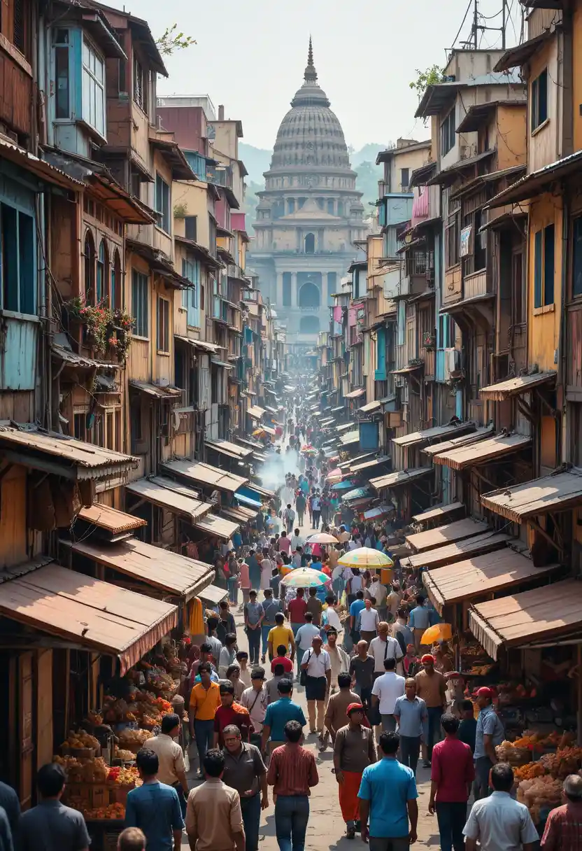 Busy Indian city street with colorful buildings and markets