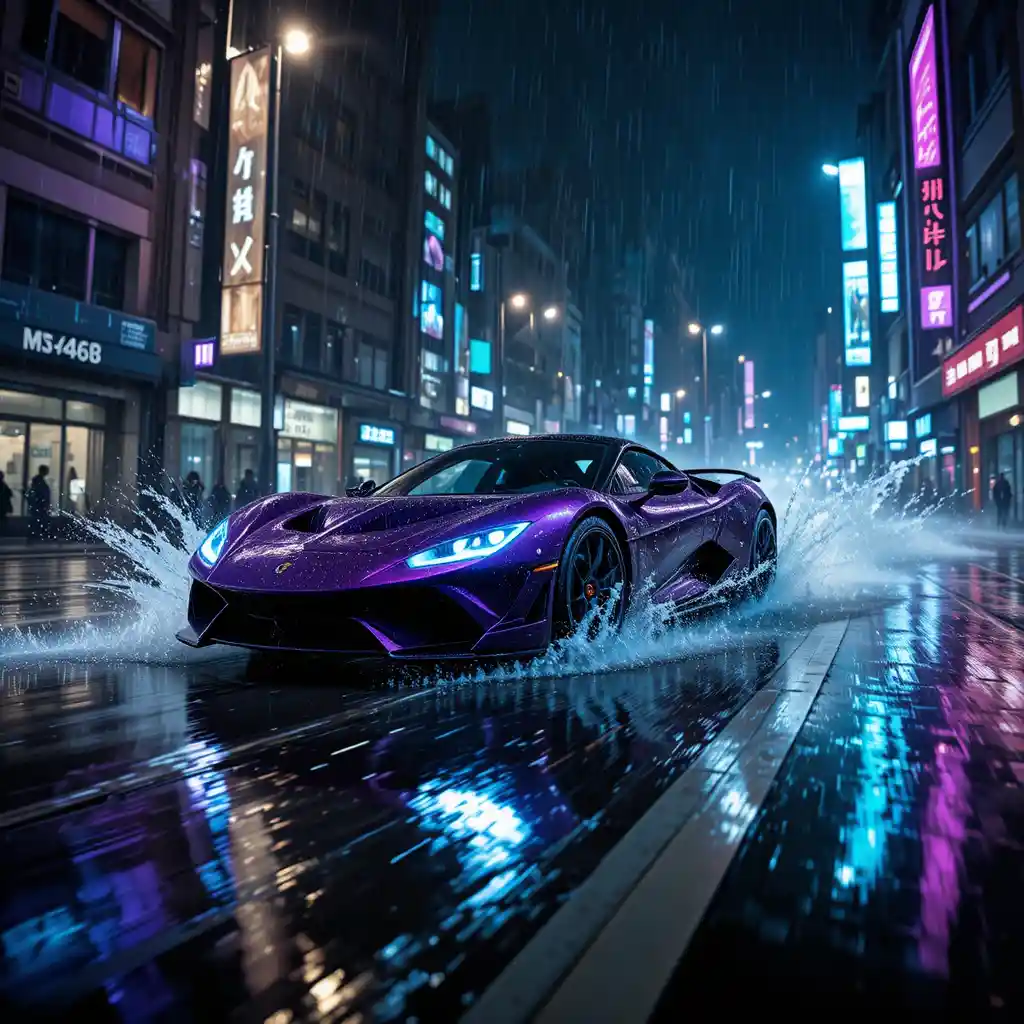 Voiture de sport violette filant dans une nuit de ville futuriste et humide