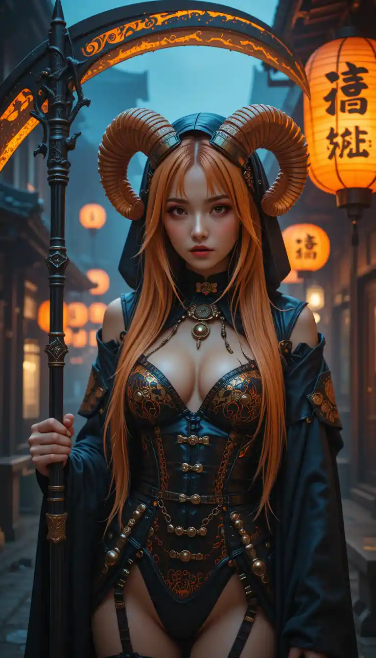 Horned woman with scythe on a lantern lit street