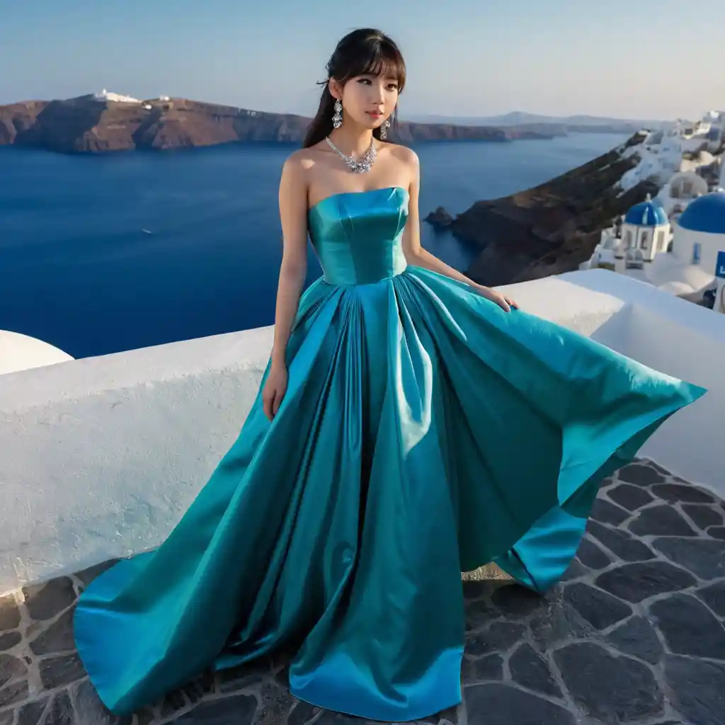 Elegant woman in tosca satin gown at night in Santorini