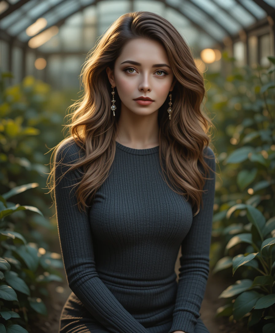 電影感溫室中的優雅金髮女子肖像