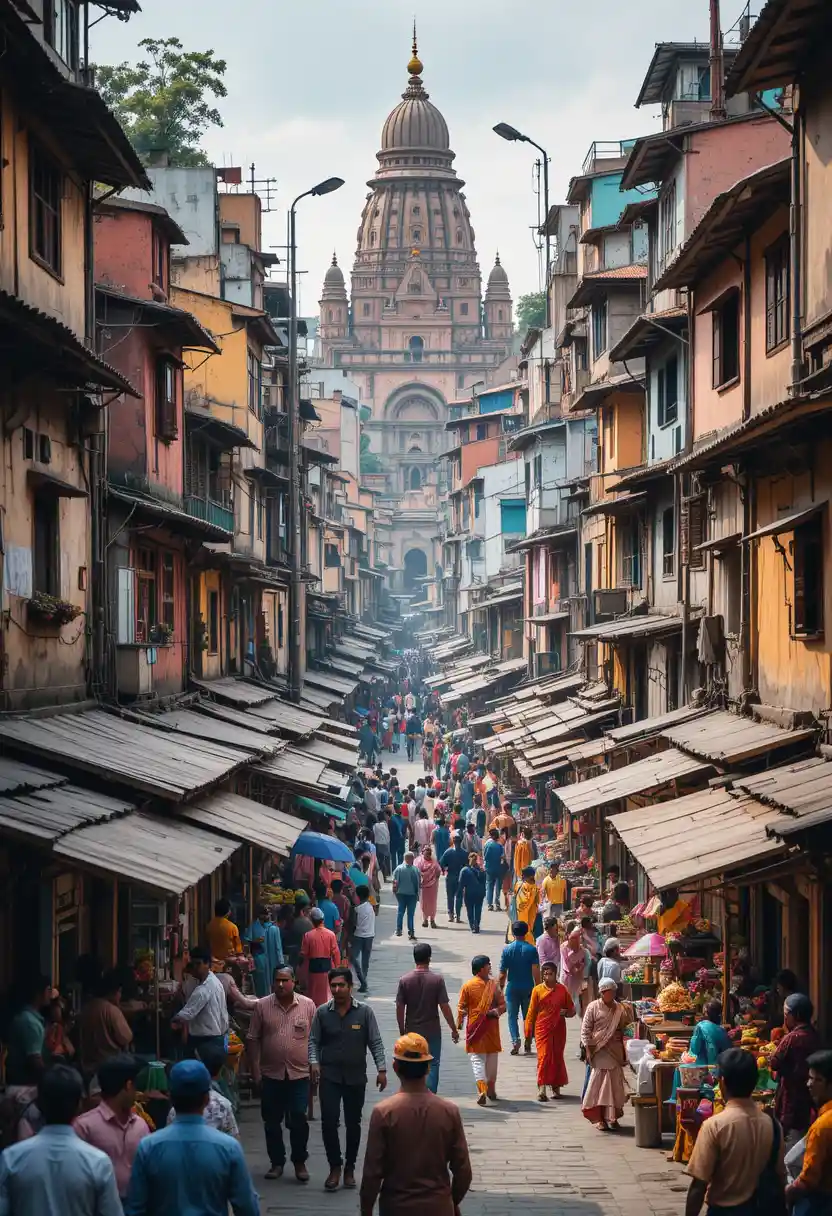 Busy Indian city street with markets and colorful buildings