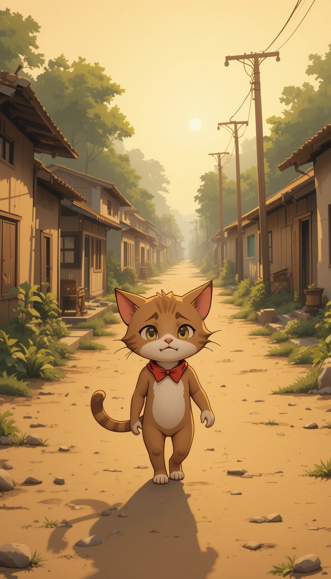 Sad hungry cat walking alone on quiet village street