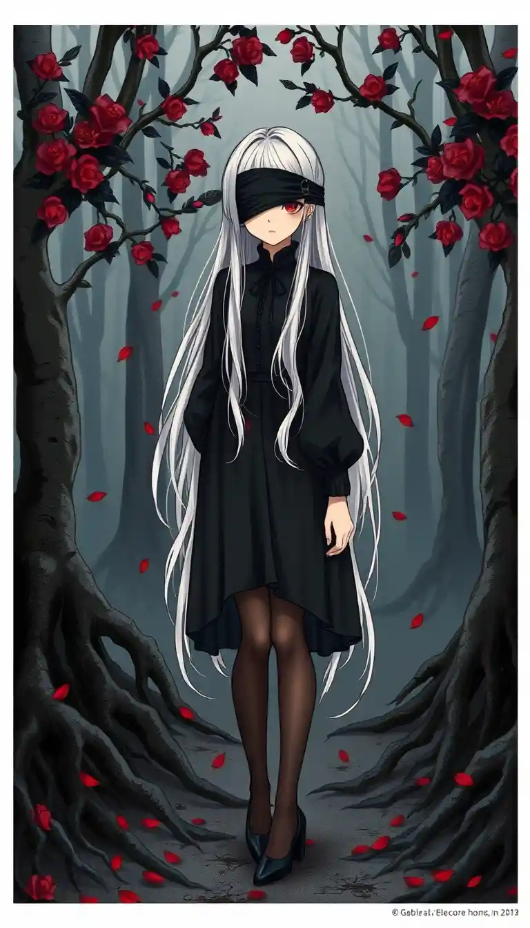 Ragazza dai capelli bianchi in abito nero in una foresta inquietante