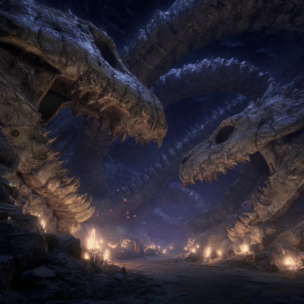 Colossal Cobra Skeletons Coiled In A Mystical Cavern