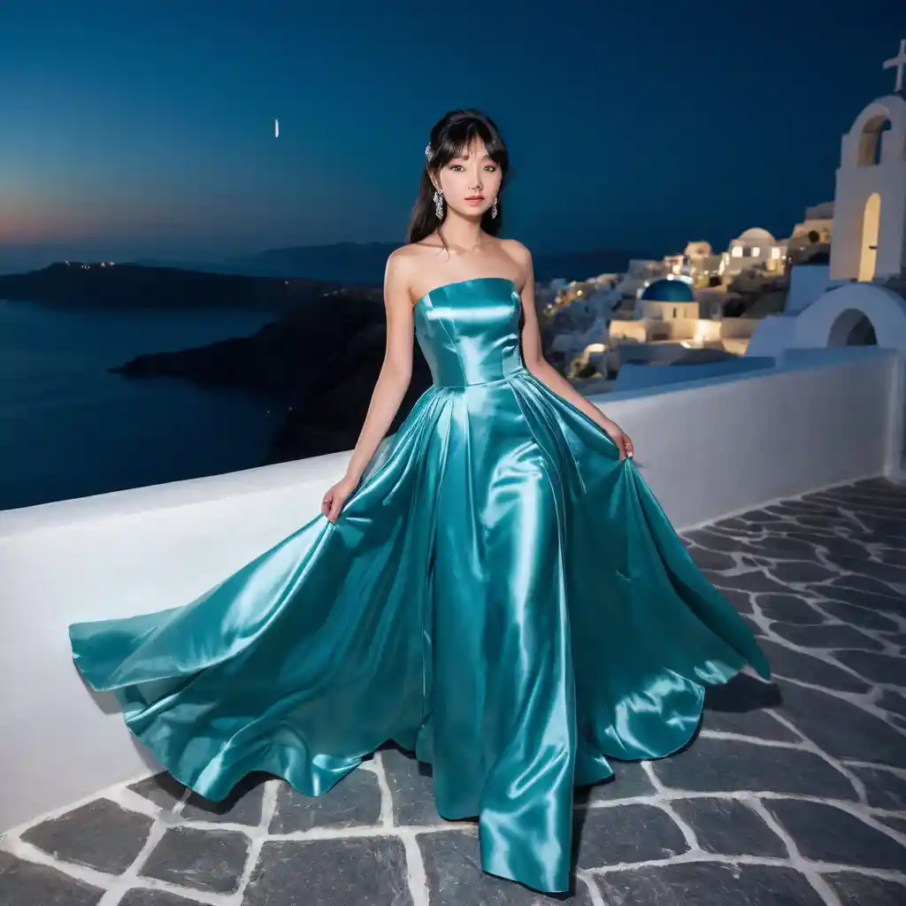 Elegant Japanese girl in satin gown at night in Santorini