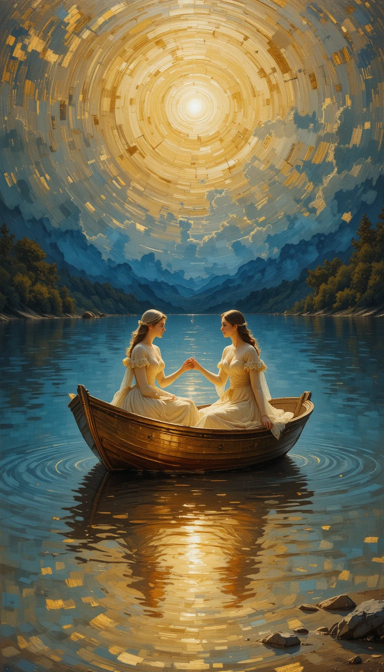 Two women in a golden boat on a moonlit blue lake