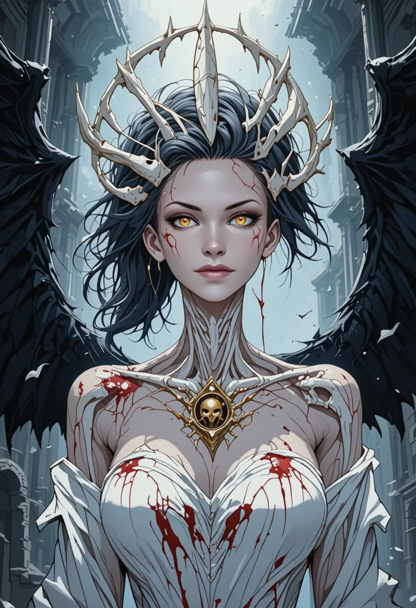 Yandere anime woman with bone halo and black wings