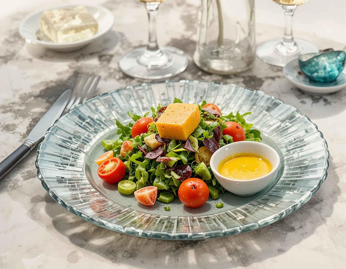 Insalata mista su elegante piatto di vetro con formaggio e senape