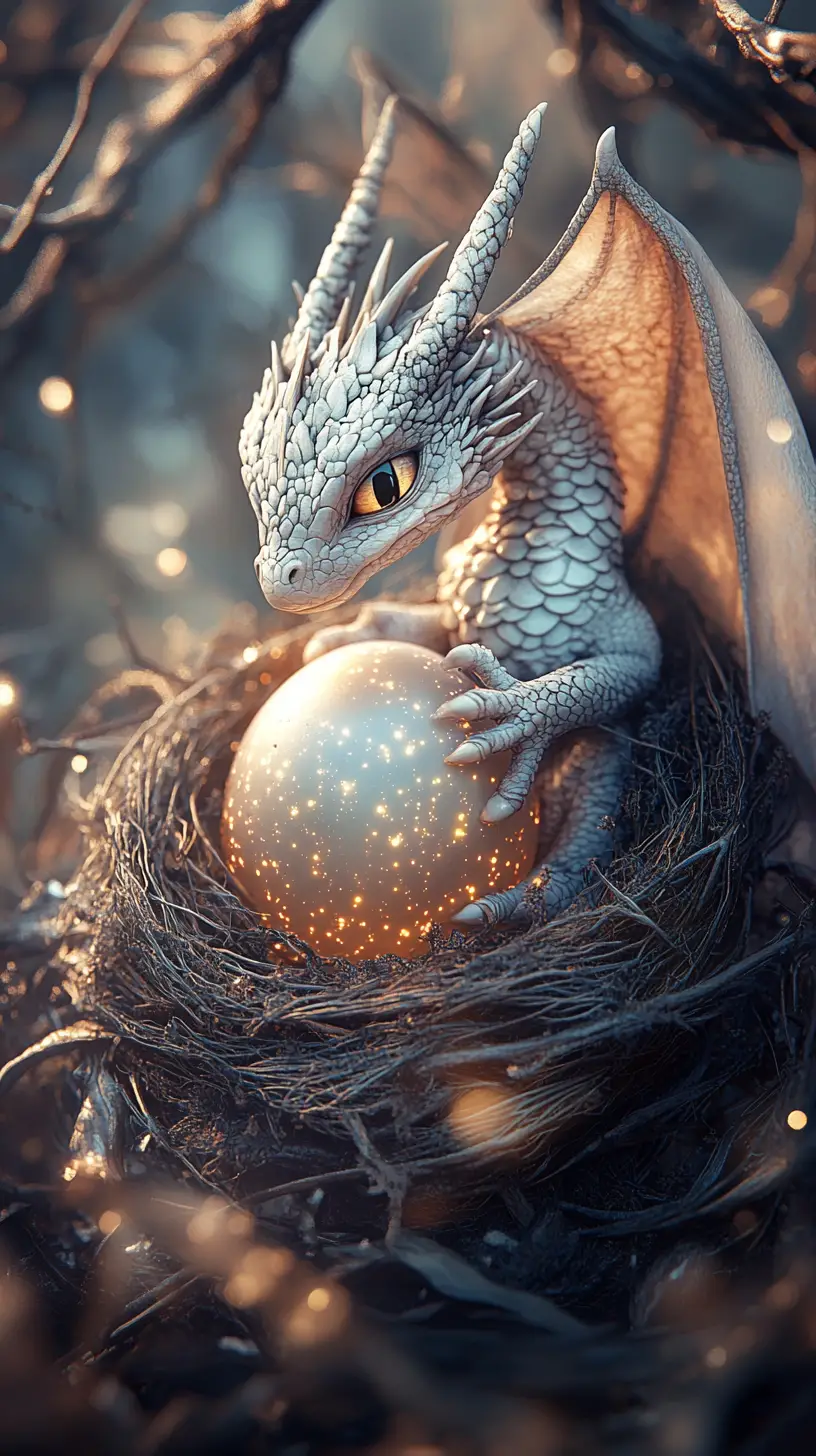 Hatching dragon egg in a shimmering fantasy nest