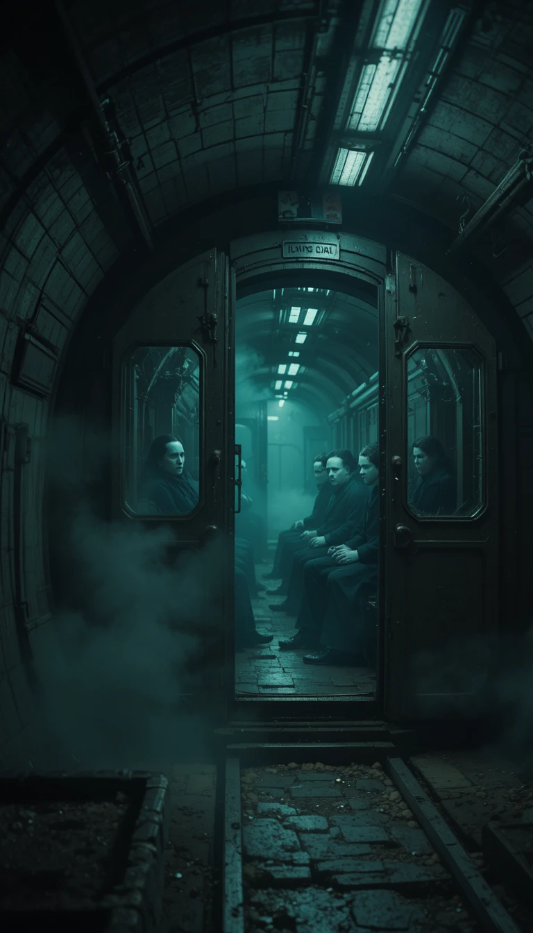 Geisterzug in dunklem Londoner U-Bahn-Tunnel