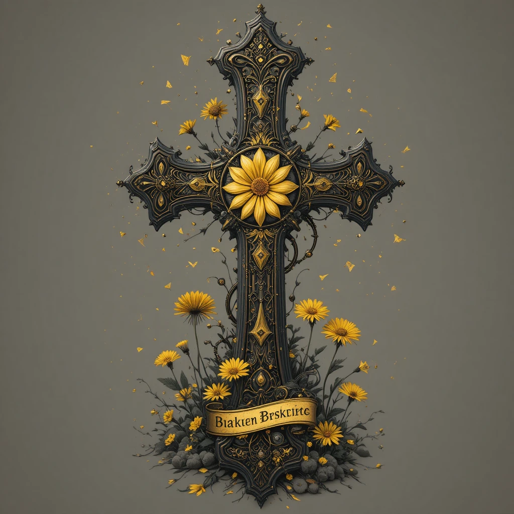 Golden steampunk cross with gears and mystical floral details