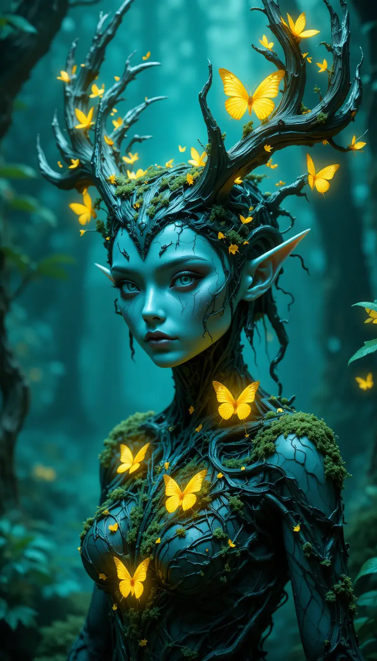 Forest dryad woman with antlers and glowing butterflies