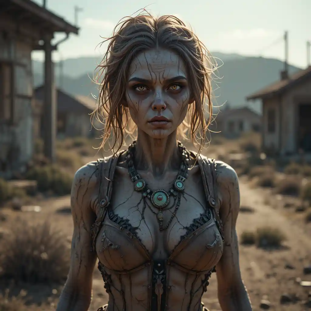 Kind eyed female ghoul standing in a barren wasteland