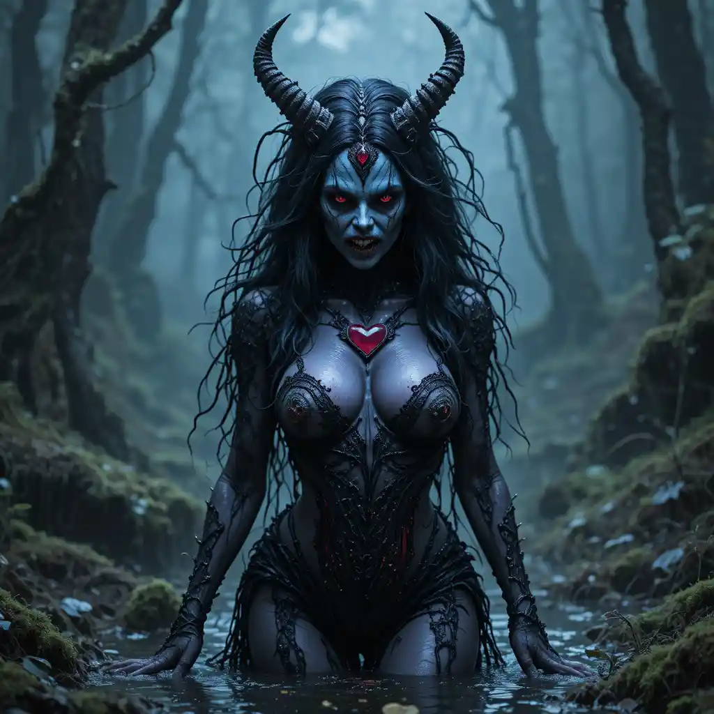 Enchanting night hag standing alone in a shadowy swamp