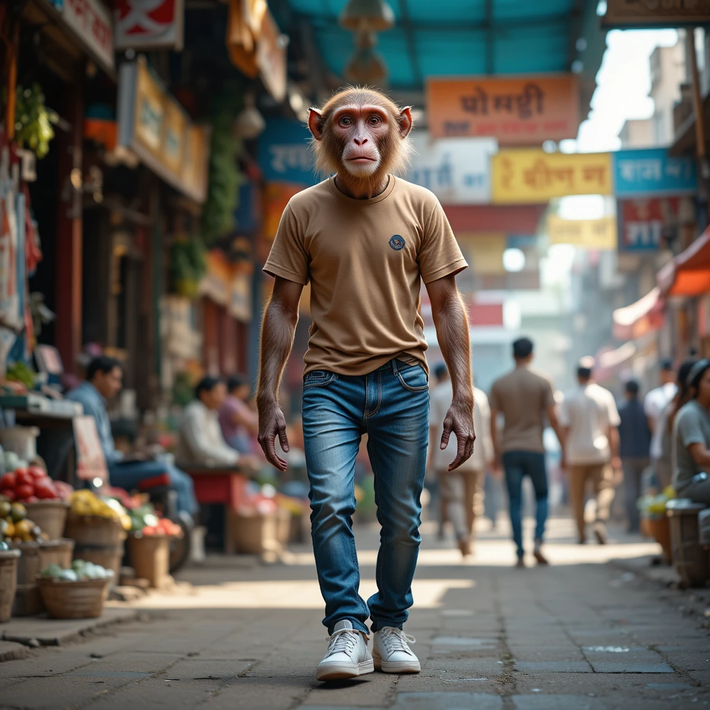 Monkey walking upright in a busy indian street market