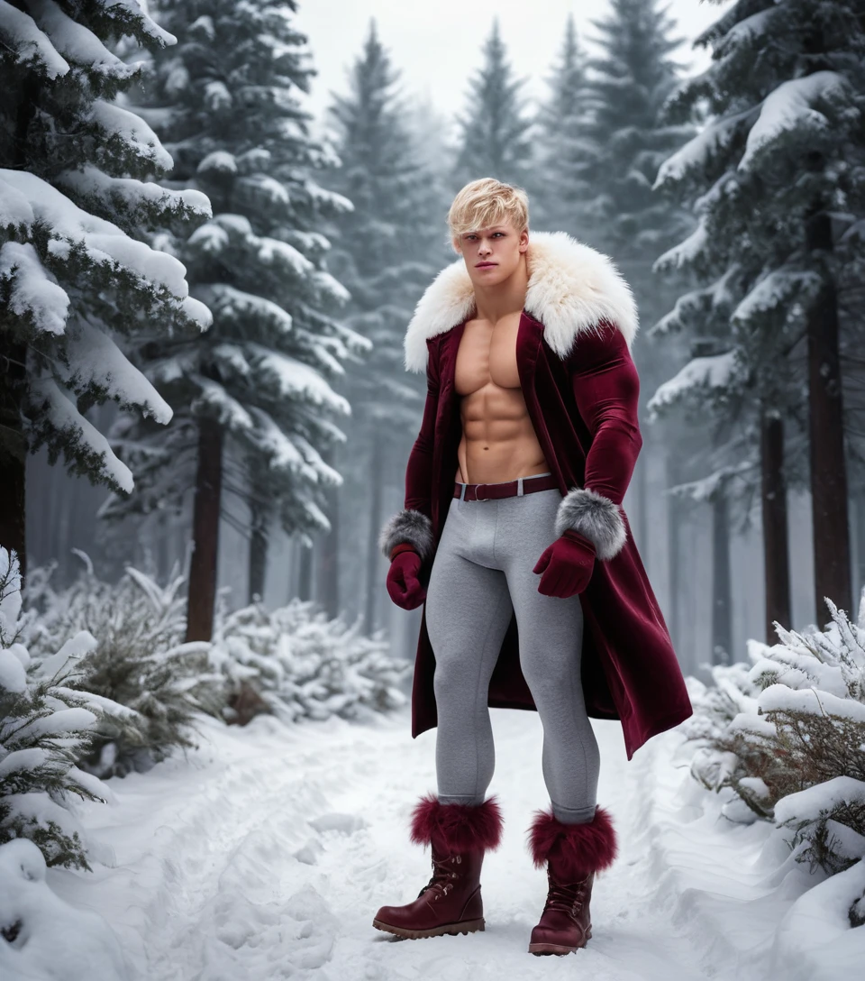Young blond man walking in a snowy winter forest