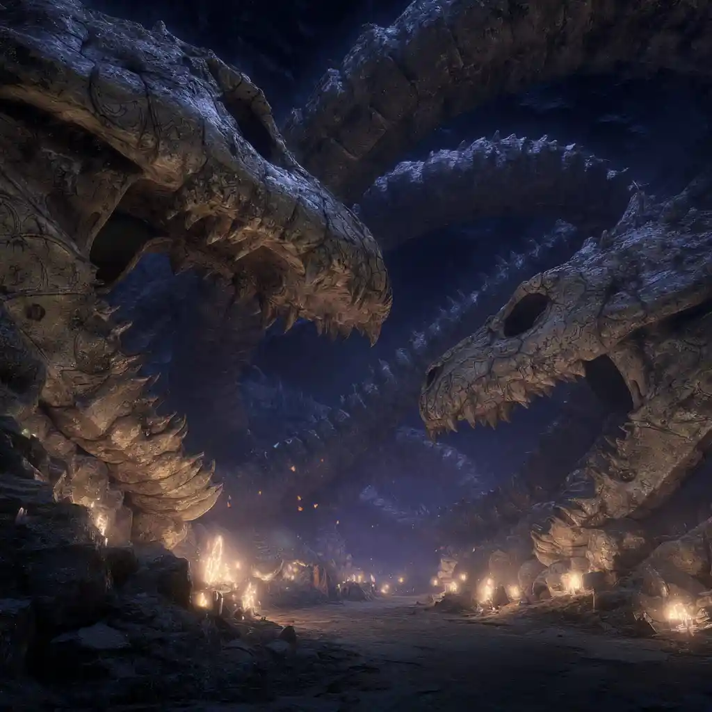 Colossal Cobra Skeletons Coiled In A Mystical Cavern