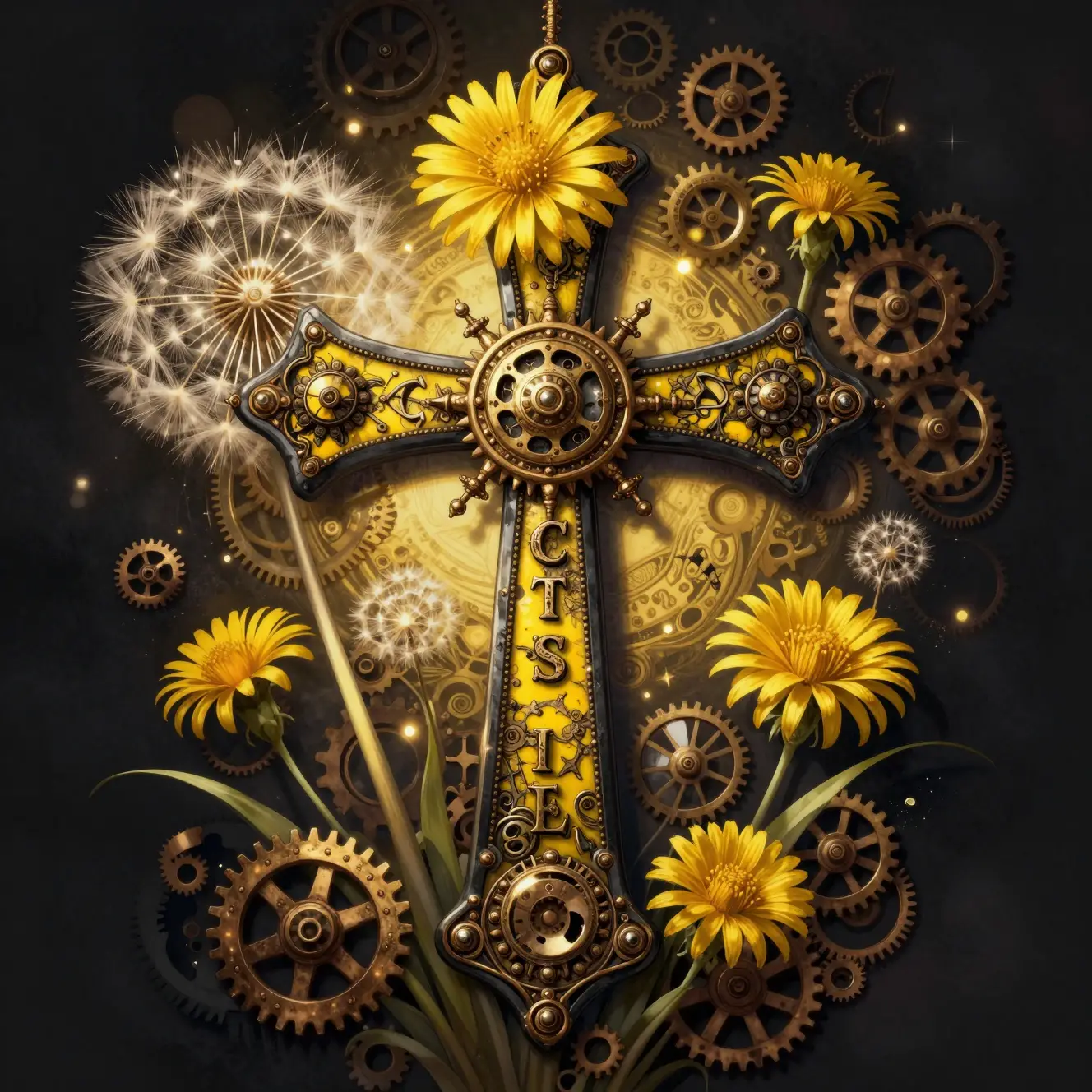 Golden steampunk cross with gears and floral ornamentation