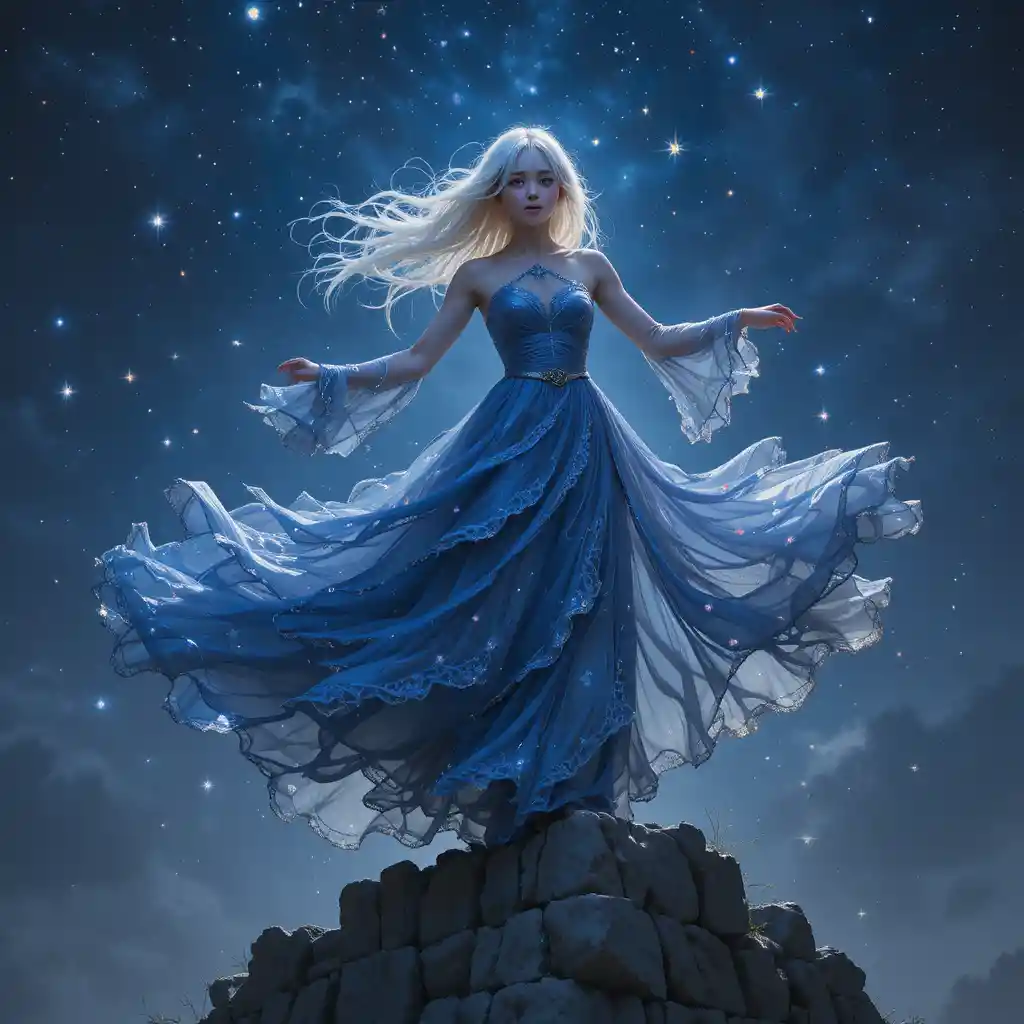 Silver haired girl dancing on a stone wall at night