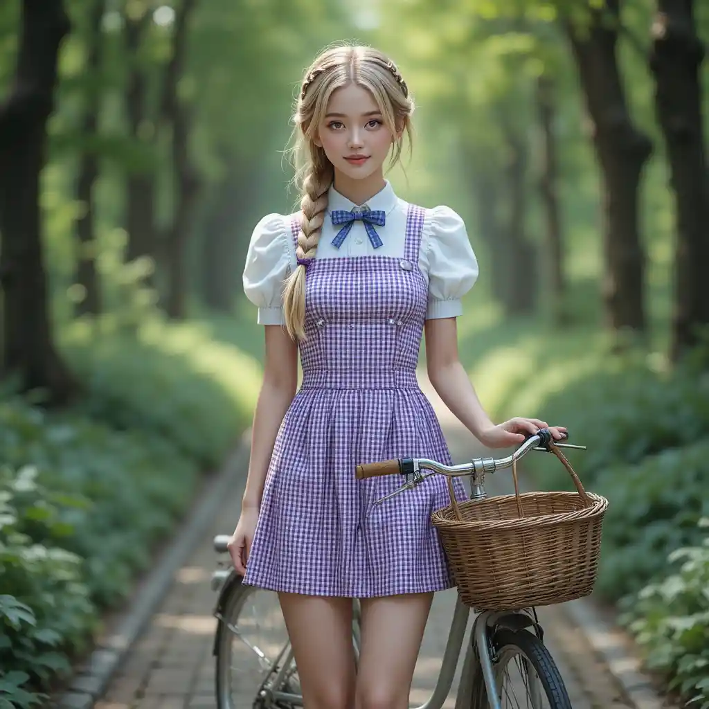 Girl in purple gingham dress on forest brick path