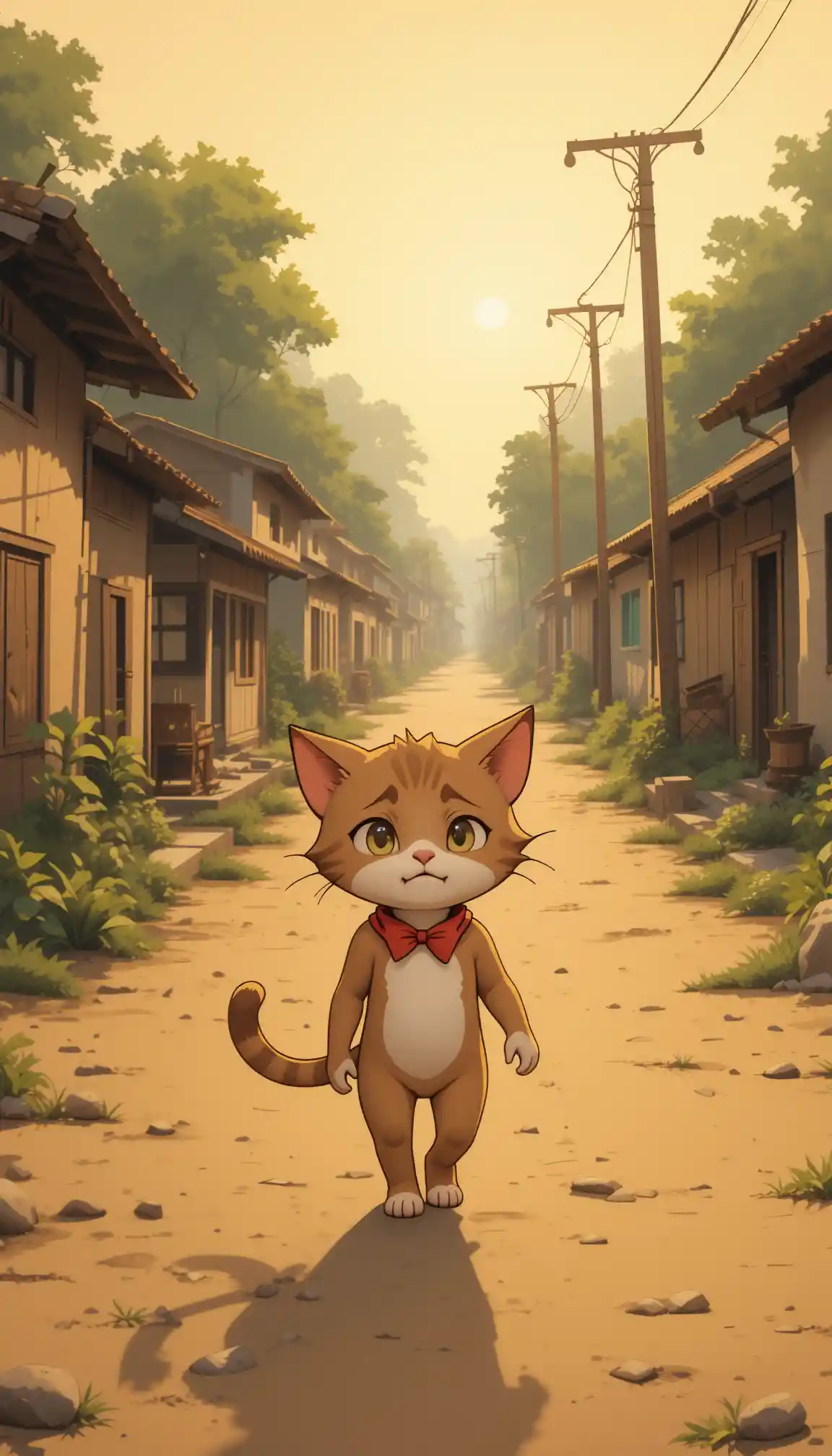Sad hungry cat walking alone on quiet village street