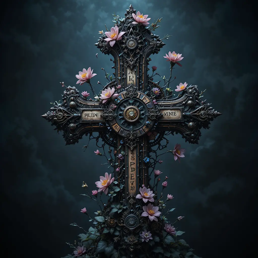 Whimsical steampunk cross with glowing bioluminescent flowers