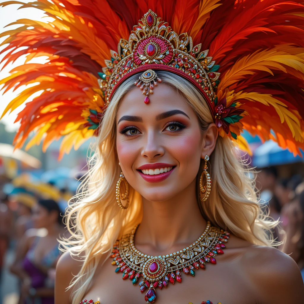 Smiling blonde woman in vibrant feathered carnival costume