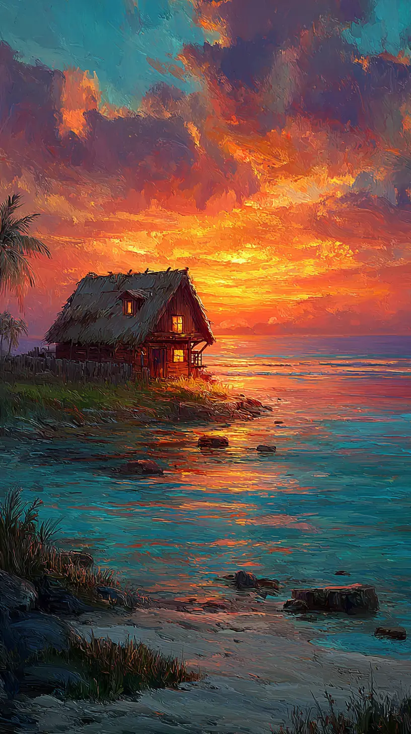 Tiny beach house on the water at romantic sunset