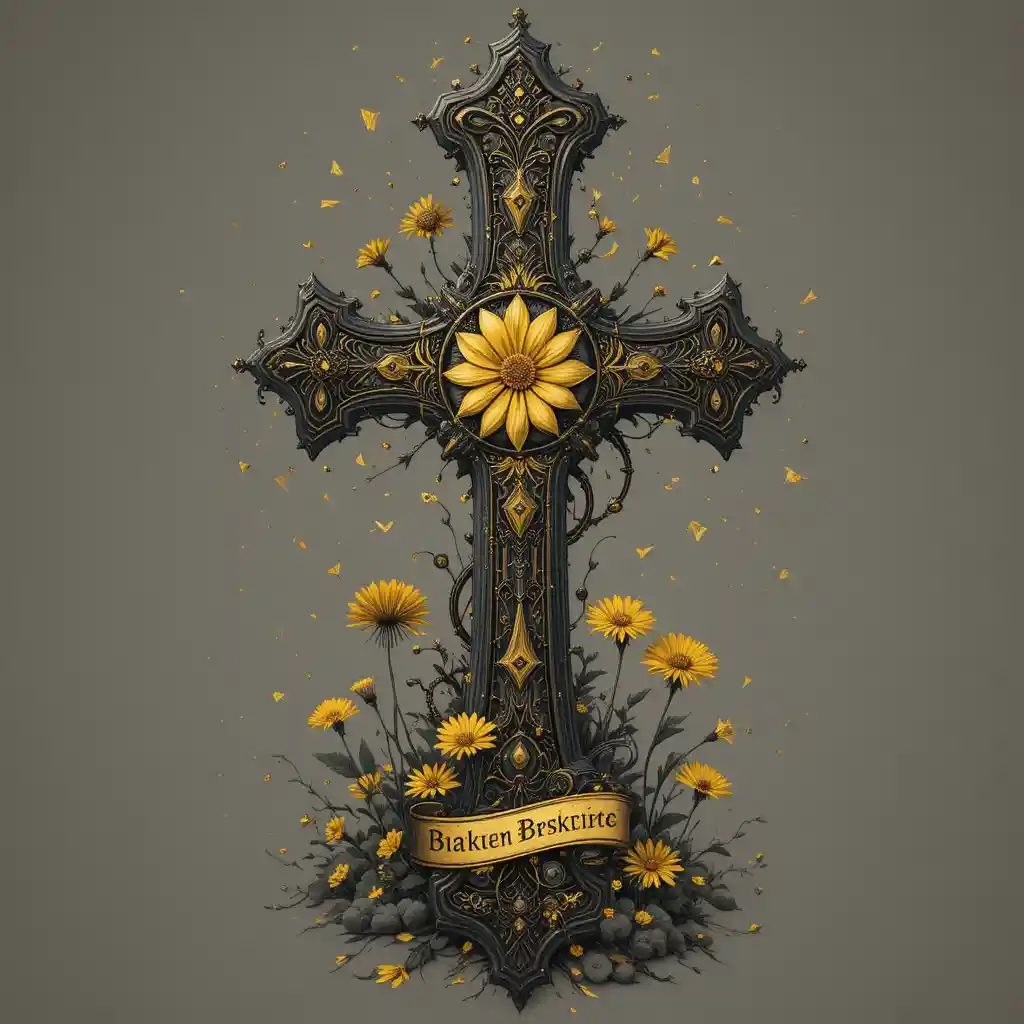Cruz steampunk dourada com engrenagens e detalhes florais místicos
