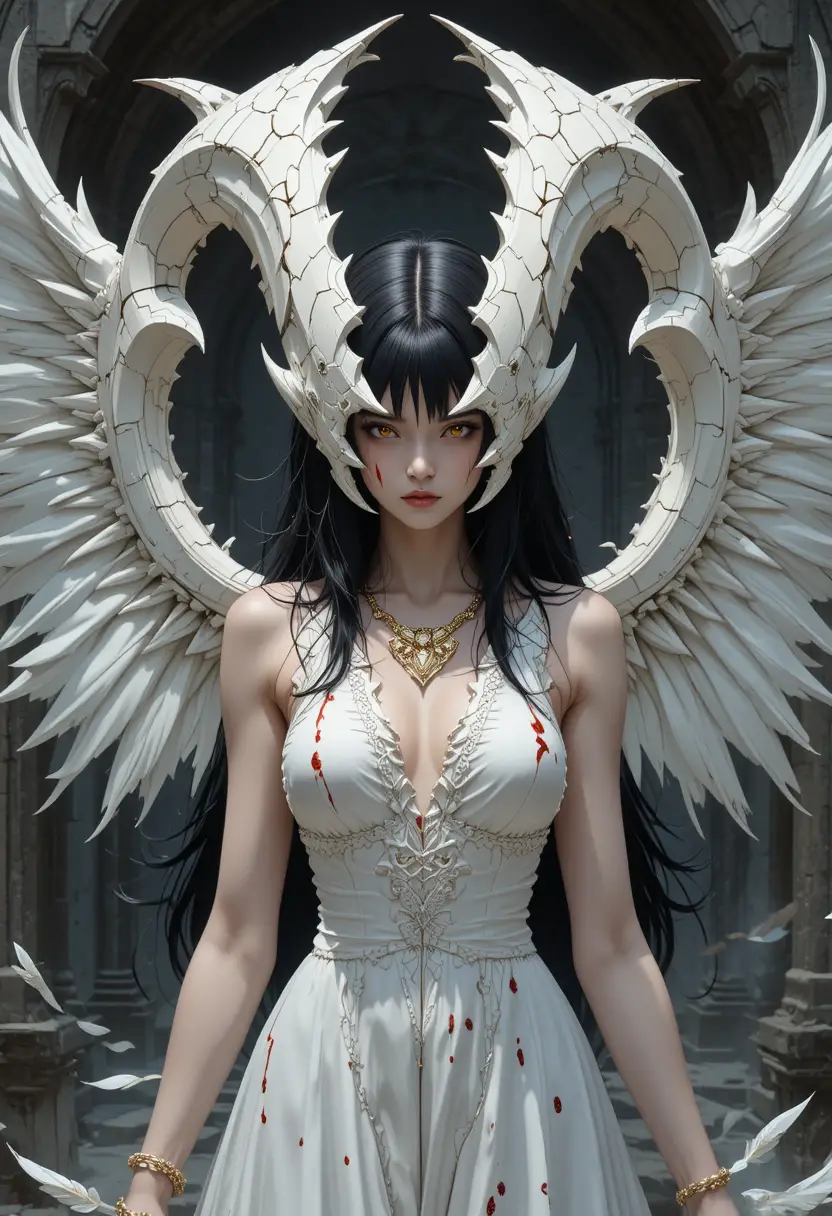 Horned anime woman with dark wings in gothic ruins
