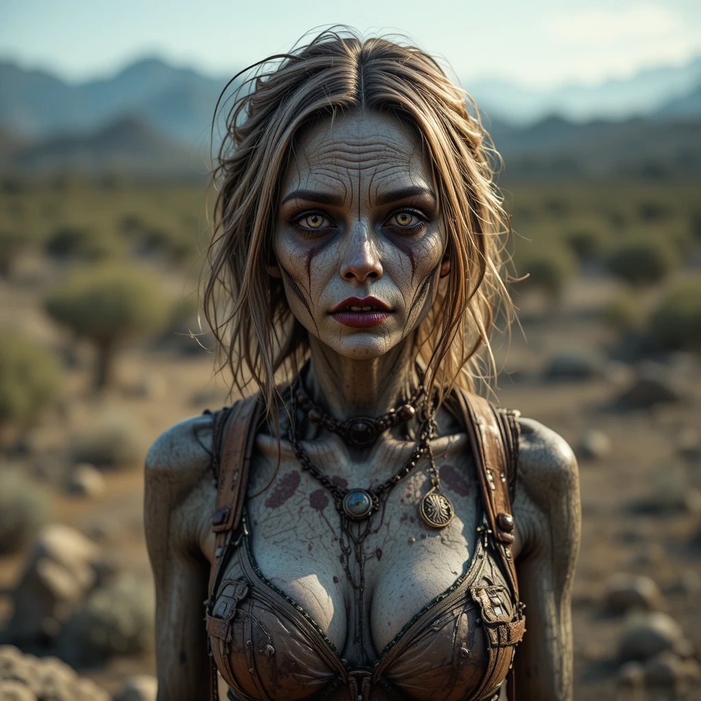 Female ghoul woman standing in a post apocalyptic wasteland