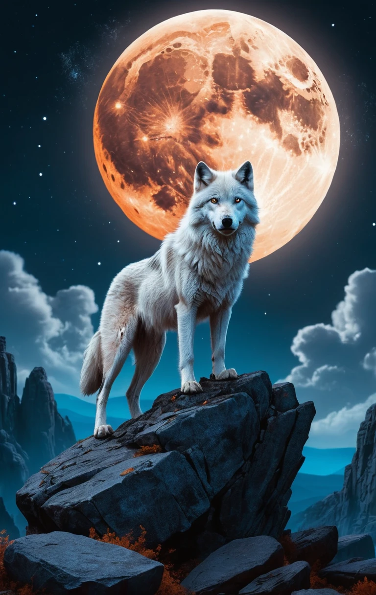 White wolf under a blazing full moon on rocky cliffs