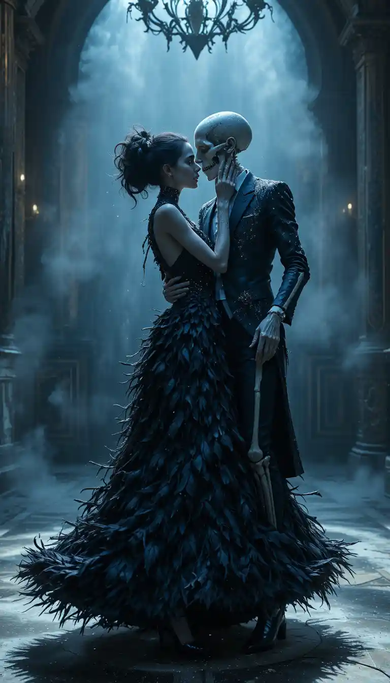 Haute couture woman dancing tenderly with a skeleton