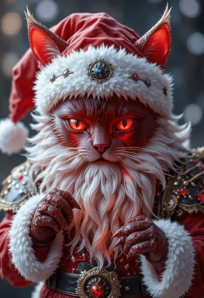 Crystal tabby cat santa portrait with glowing runes