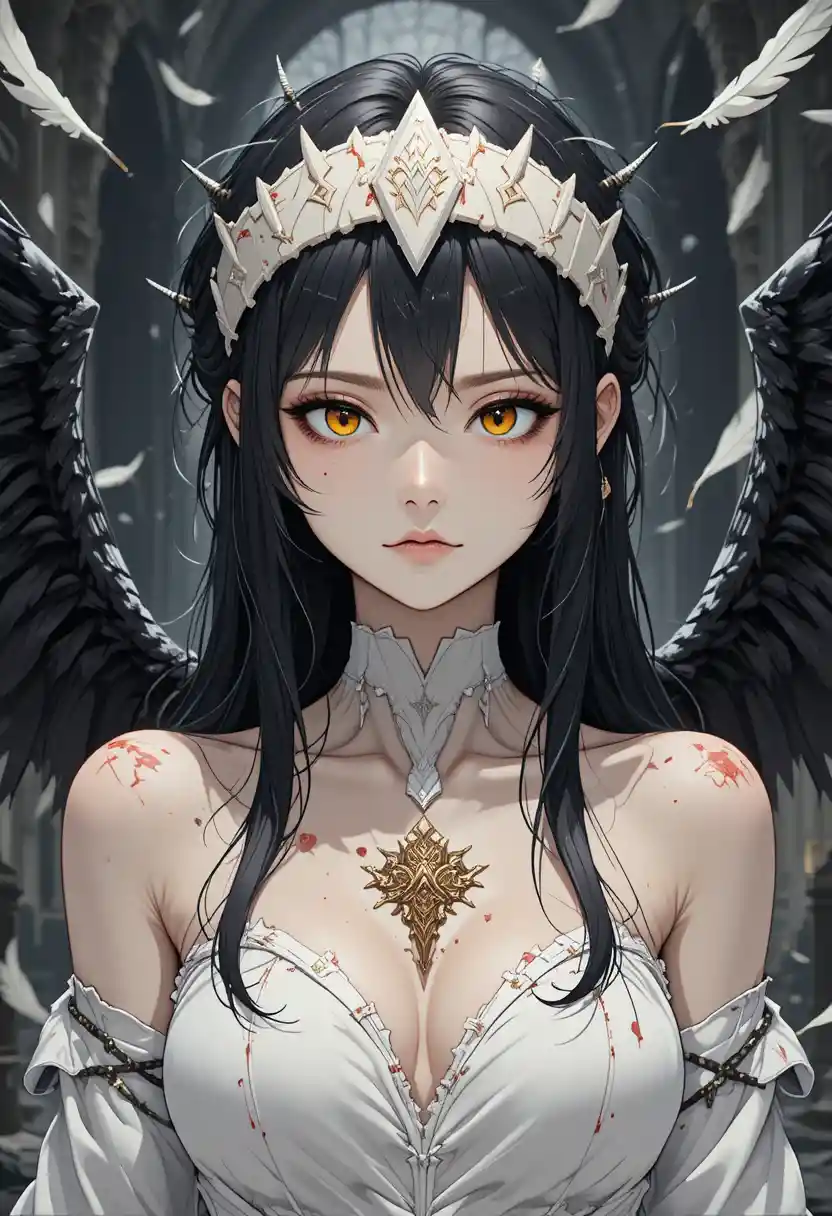 Dark winged woman in tattered gown before gothic ruins