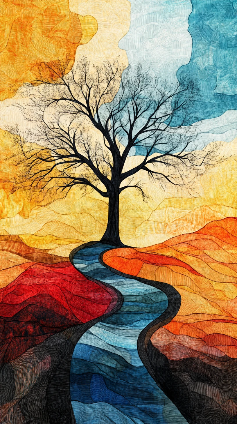 Abstract line art tree with winding path and figure