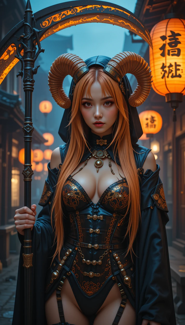 Horned woman with scythe on a lantern lit street