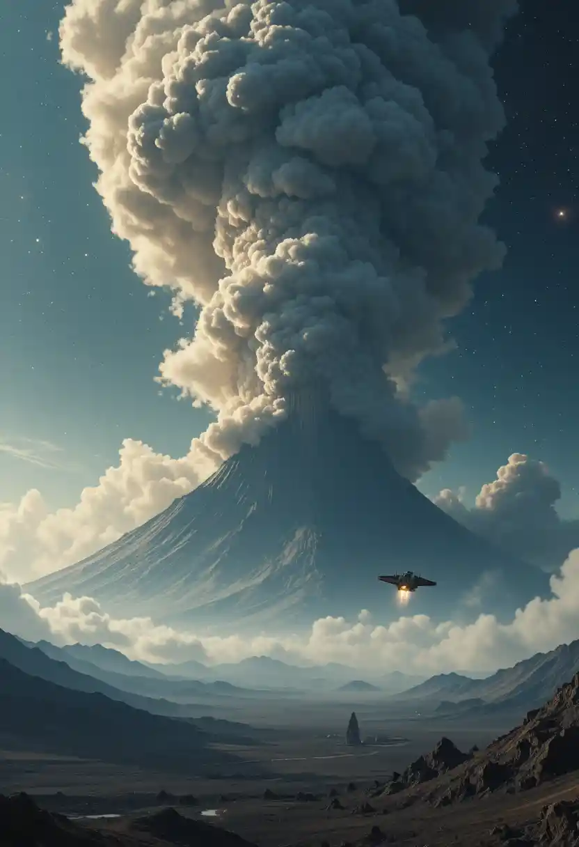 Spaceship fleeing a volcanic eruption on distant alien world