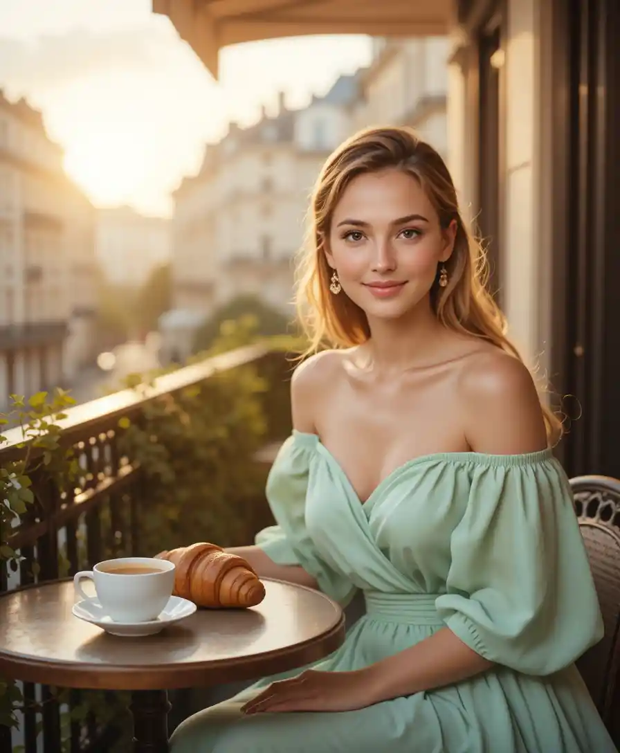 Elegant woman at a Paris balcony cafe at sunrise